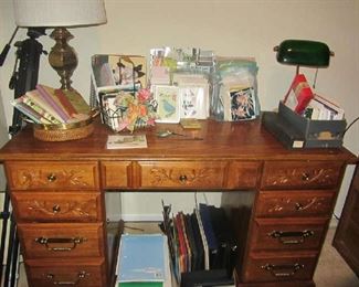 Wood desk, student lamp, more