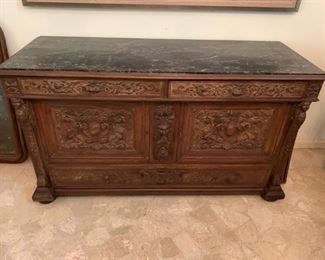 Carved walnut server with marble top