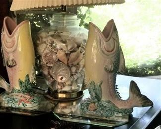 Pair of handpainted red fish and shell lamp