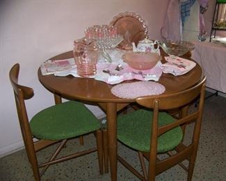 Mid Century Dining Set/ Fostoria American Cake Stand and Depression Glass. Pink Elephant Glasses. 