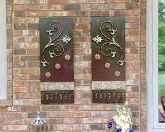 Wrought Iron/Glass Table & outdoor Wall Plaques and Clock