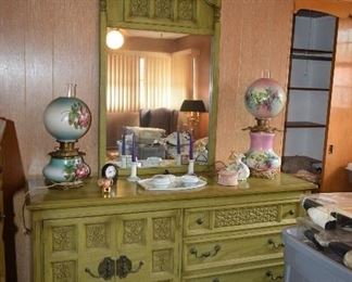 Vintage Dresser with Mirror, Lamps, Home Decor