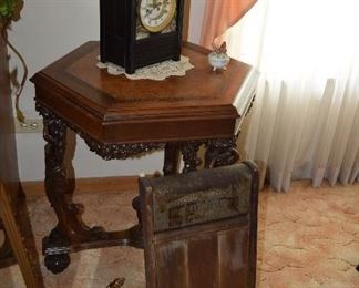 Vintage Side Table, Wash Board, & Clock
