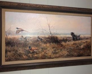 Framed original hunt scene of pheasants and dog signed “Paul W. Dahms”