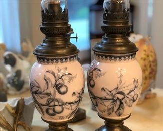 Antique pair oil lamps