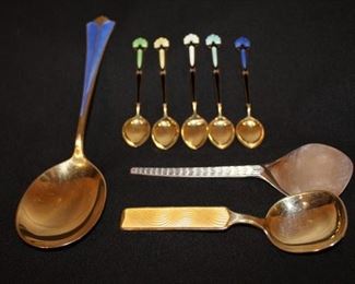 Collection vintage enameled sterling serving pieces