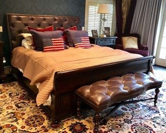Hooker Furniture Leather Headboard Bed, matching leather button tufted bench