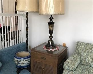 Mid century Japanese metal lamps - 1 floor lamp and 2 tabletop lamps. Mid century hibachi and mid century custom made wooden end table.  There is another matching end table, along with a coffee table and china cabinet.