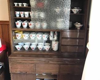 Mid century Japanese china cabinet with vintage Japanese china. An collection of Donabes on top.