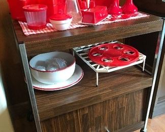 Vintage large microwave with red kitchen items - some of these are from Japan. Large microwave rack.