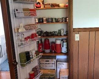 New in box vintage pressure cooker, assortment of vintage Japanese tea tins, servers, baskets, new tempura fryer and stovetop grill, variety of new tea cups and teapots.