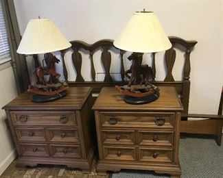 A set of mid century 2 Drew nightstands and a queen size headboard and foot board and frame (brand unknown).  The set is in very good condition.  Two lamps with rocking horses. 