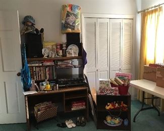 Desk, turntable and cassette player with speakers, Holly Hobbie collectibles, college textbooks on counseling, psychology and social work, children’s books (Biscuit, Fancy Nancy and more). The books are in great condition. Container Store locker organizer (like new), JanSport computer bag (like new) . Fisher Price tea set, craft kits and scrapbooking stickers, recycle paper beads kit.