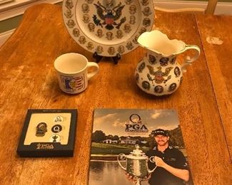 Vintage Presidents of the United States pitcher and plate. 2017 PGA program and hat clip set - both are new. Collector’s Shoney’s Round Up coffee cup.