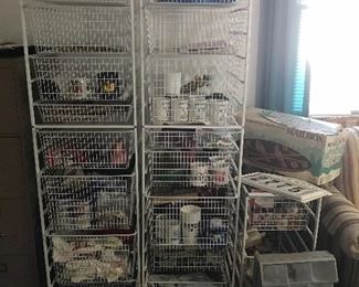 Wire racks with sliding wire baskets. Assorted collection of items from Golden Corral, Ryan’s and Western Steer. wrestling magazines, a few racing souvenirs. Company coffee cups. Wooden mailbox _ new in box, tile address numbers.