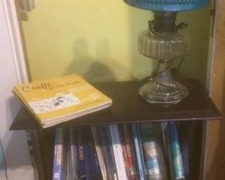 Vintage lamp and table, book case