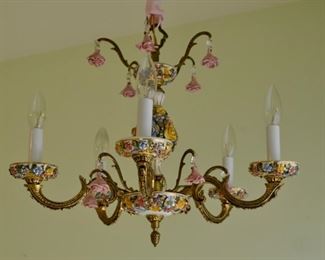 Vintage Capodimonte Chandelier Made in Spain/Porcelain Flower and Brass Light Fixture/Includes Ceiling Plate 