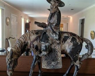 HEAVY CAST IRON CHINESE JAPANESE MAN READING SCROLL ON DONKEY STATUE