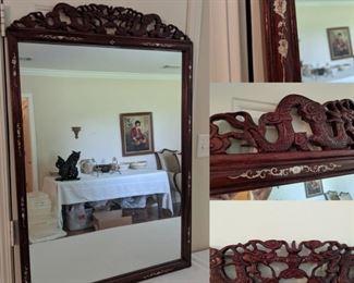 Antique Japanese hand carved cherry wood mirror