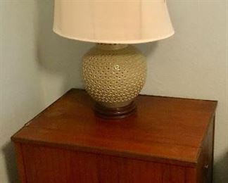 Mid century record cabinet, celedon lamp, one of pair