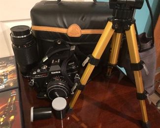 Konica SLR Camera w additional lens, carrying case, short & tall tripods. 