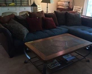 Large 2 piece leather & Denim sectional, sofa and chaise combo, slate topped metal table