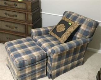 Small blue and cream plaid club chair and ottoman.  Stacked wicker "suitcase look" dresser with four drawers and leather trim