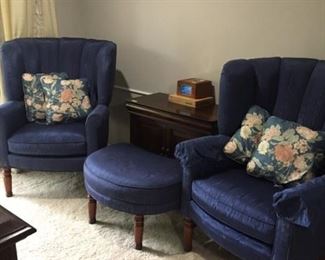 Pair of navy blue moire upholstered large tufted wing back chairs