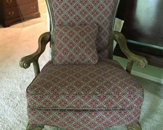 Chippendale style side chair with wooden arms and upholstered seat and back, matching pillow