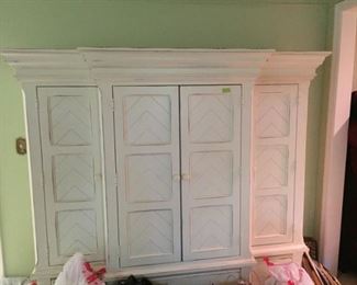 Large Shabby-chic armoire with herringbone design on doors, bun feet. LIKE NEW!