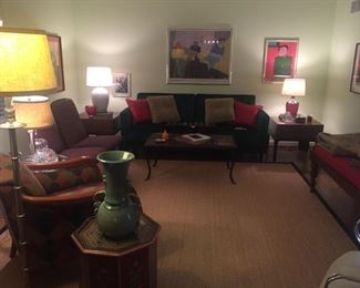 Sisal rug with black border, lamps galore, brand new futon sofa in emerald green, tons of decorative items