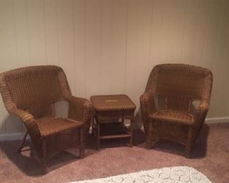 Plastic wicker chairs and side table