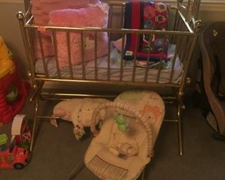 Stunning brass cradle, tons of baby equipment, Eye spy hand-made baby quilt