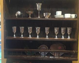 French hanging antique shelf. Silver plate goblets