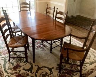 HITCHCOCK Solid Cherry with Maple Finish Drop Leaf Oval Dining Table with 2 leaves, 6 Cane Seat Chairs, Buffet & Corner Hutch with light. 