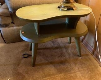 #18	Green Distressed Painted  Kidney Shaped Table   27x17x20 w/shelf 	 $75.00 	