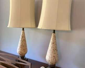 #28 (2) Mid-Century Lamps w/Painted Glass 36" Tall $100 each $200.00
