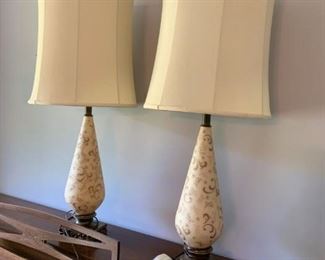 #28	(2) Mid-Century Lamps w/Painted Glass 36" Tall   $100 each	 $200.00 	