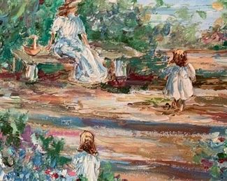 #67 Original Oil Painting - Impressionist - Mom w/2 little girls $150.00
