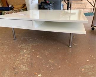 #89 H Table Mid Century White Square coffee table on Metal legs with storage shelves $200.00