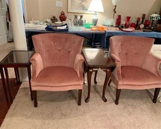 #6	(2) pink button back chairs  $75 ea.	 $150.00 
#7	2 stacking table w glass on top 20x16x22	 $75.00 
#8	queen Anne leg drop side end table 	 $75.00
