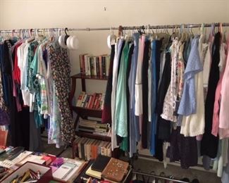 Ladies clothes, purses, shoes. Paperback & hardback books