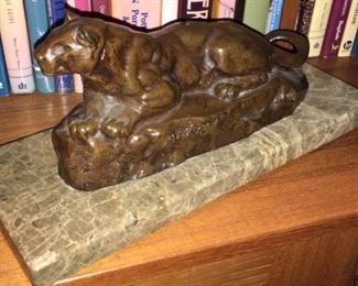 10" l Barye bronze lion on marble base
