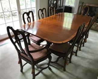 Georgian Style Mahogany Banded Double Pedestal Dining Table by Baker Furniture