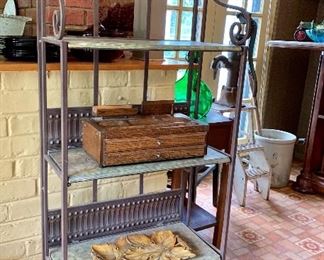 Four tiered wrought iron fold-up display shelf unit