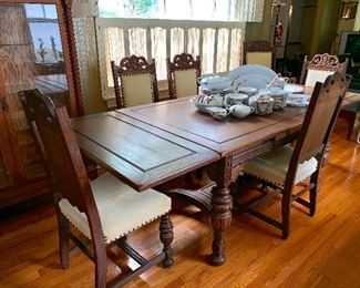 Vintage Moroccan/Spanish dining table and 6 chairs - both ends fold under the table to make it smaller