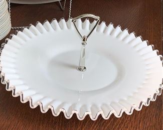 2 of 2 milk glass serving plate w/handle