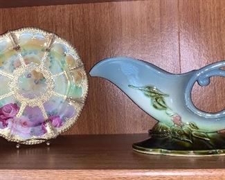 Vintage hand painted plate and Hall vase