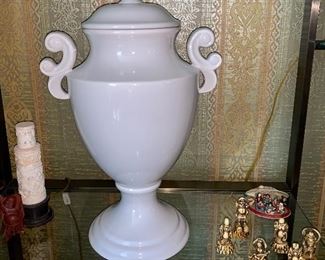 Large porcelain Urn with lid -notice the size of lamp and figurines compared to Urn