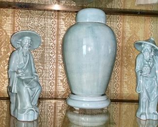 Soft robin egg blue oriental Elder figurines with matching ginger jar